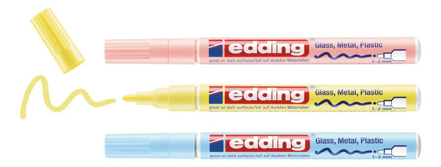 Set de 3 marcadores Edding tonos pastel con tinta brillante y punta media, ideales para apuntes creativos, lettering y manualidades.