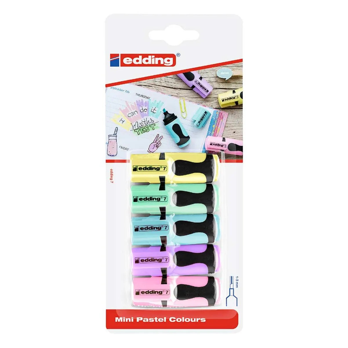Set de 5 mini resaltadores Edding en colores pastel con punta biselada y diseño compacto para estudio y organización.
