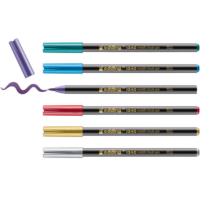 Set de 6 marcadores Edding punta pincel metalizados con colores brillantes y cubrientes, ideales para lettering y manualidades.