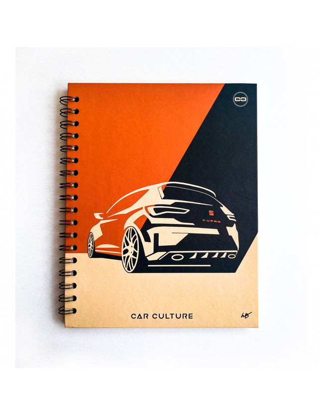 Cuaderno argollado de 80 hojas rayadas con diseño Cupra en tonos naranja y negro.