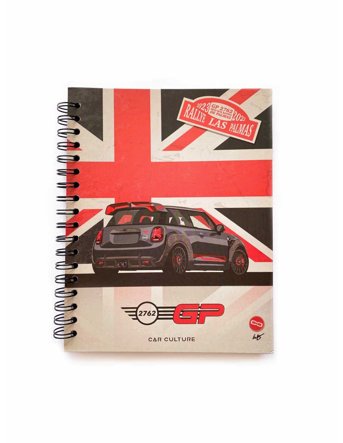 Cuaderno argollado de 80 hojas cuadriculadas con diseño Mini Cooper y fondo bandera británica.