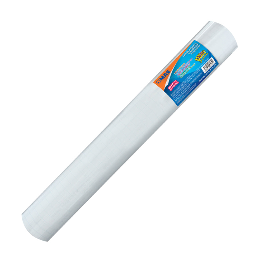 Rollo adhesivo transparente Mae 45 cm × 3 m modelo 4520T/4503T, con película de PVC y protector cuadriculado, mostrado parcialmente desenrollado sobre fondo blanco.