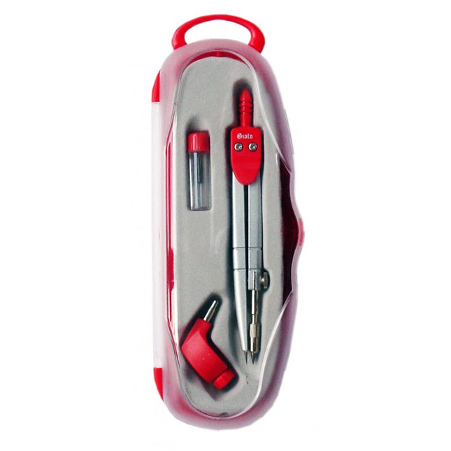 Compás Gioto con adaptador universal para lápices y minas, ideal para dibujo técnico y escolar.