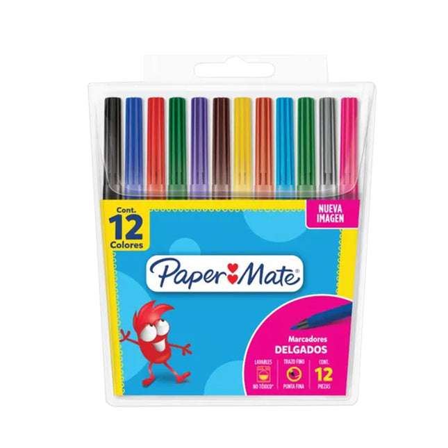 Doce plumones Paper Mate delgados de punta cónica en colores surtidos, con barril redondo y tapas a juego.

