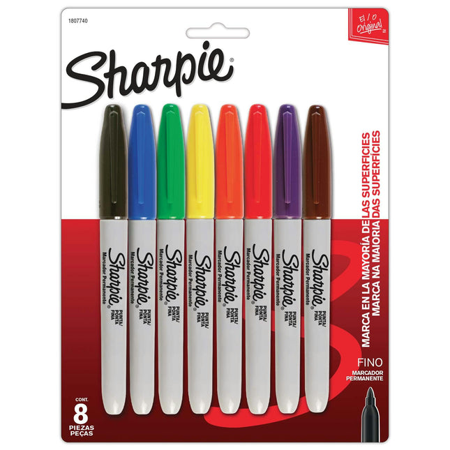 Ocho marcadores Sharpie de punta fina con barril gris y tapas de colores variados, alineados sobre fondo blanco.

