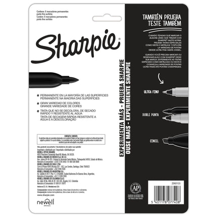 Ocho marcadores Sharpie de punta fina con barril gris y tapas de colores variados, alineados sobre fondo blanco.

