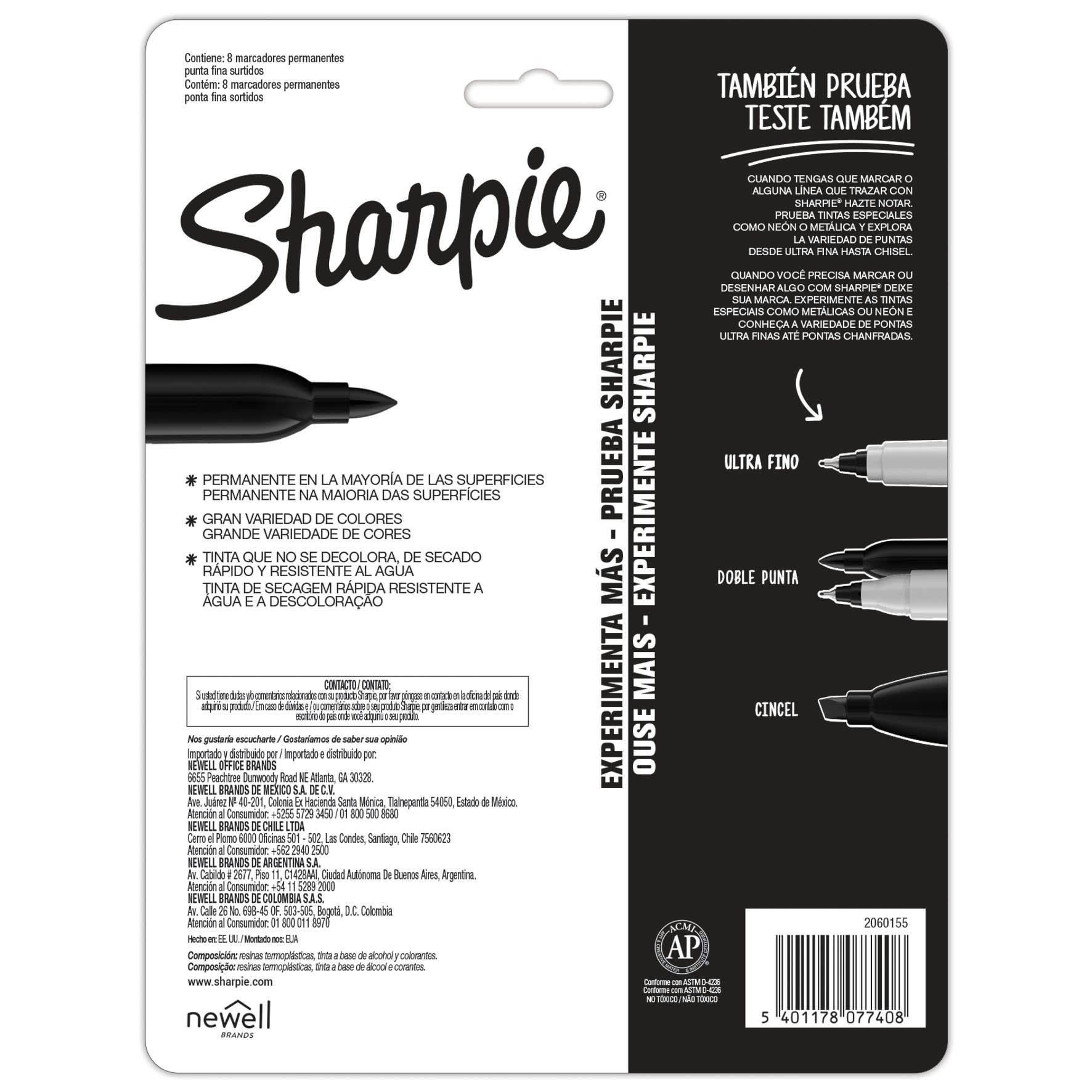 Ocho marcadores Sharpie de punta fina con barril gris y tapas de colores variados, alineados sobre fondo blanco.

