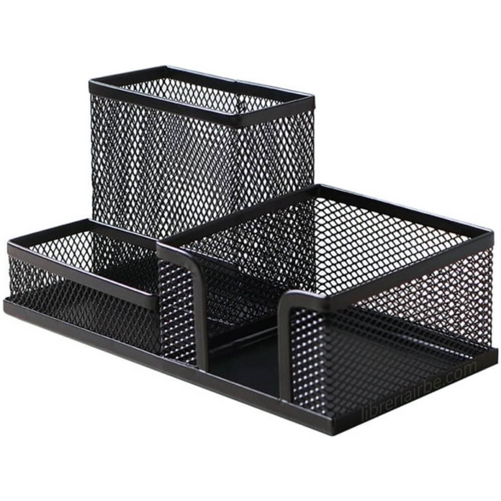 Organizador de escritorio Talbot T‑50016 en negro mate, conjunto de 3 compartimentos de malla metálica apilables sobre fondo blanco.