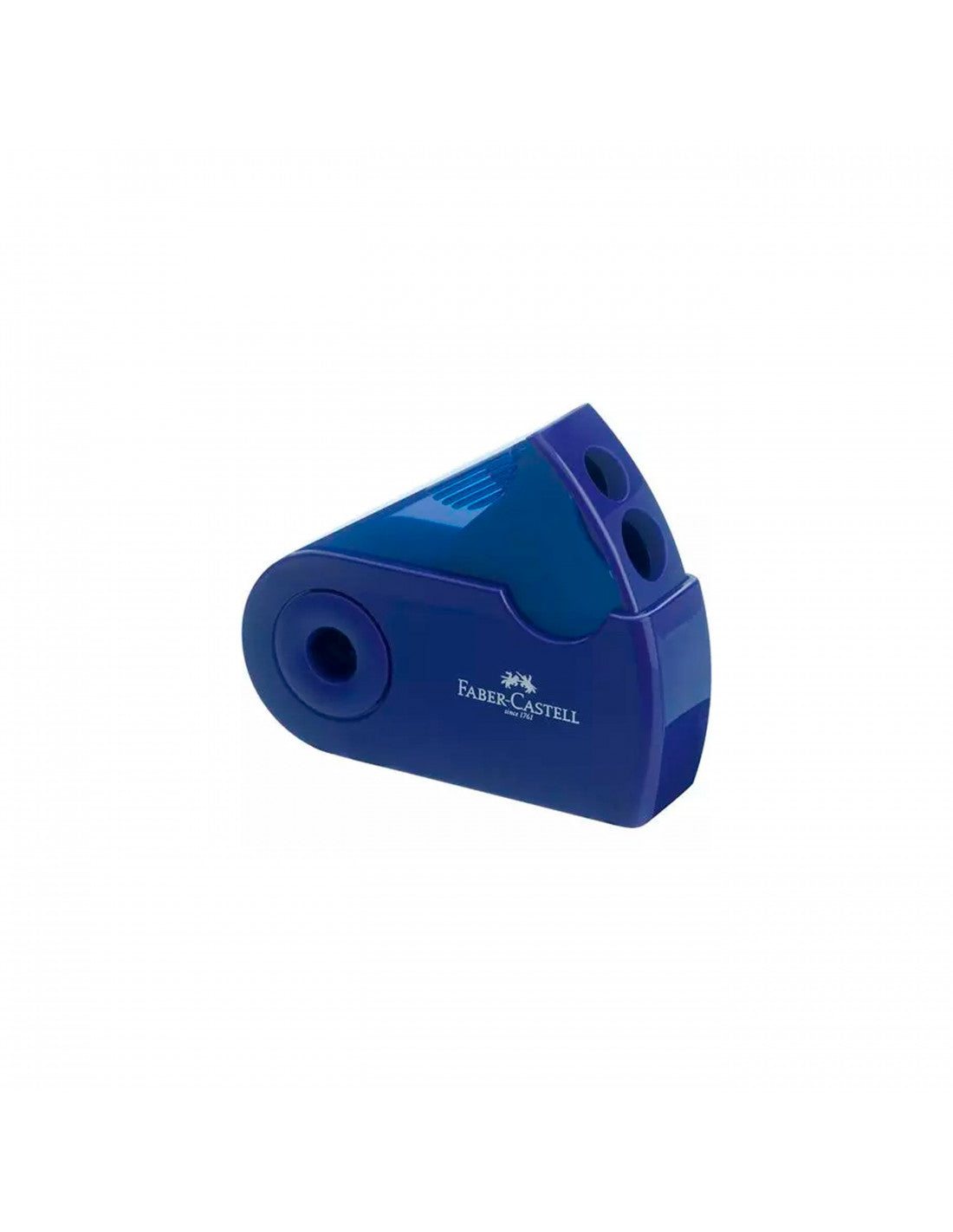 Sacapuntas Faber-Castell Sleeve color azul con depósito retráctil para virutas, tamaño compacto y forma ergonómica.