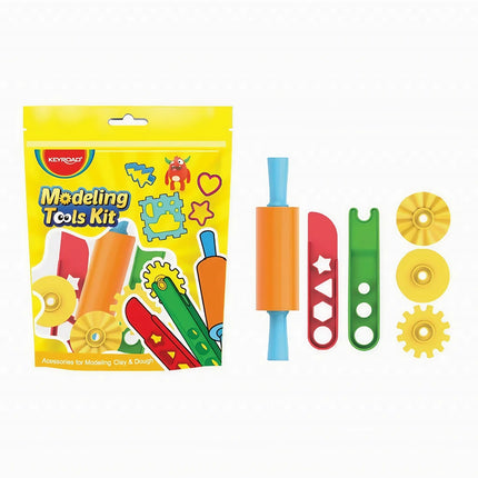 Kit Keyroad de 6 herramientas plásticas para modelar plastilina: rodillo, cuchilla segura y ruedas de corte sobre fondo blanco.