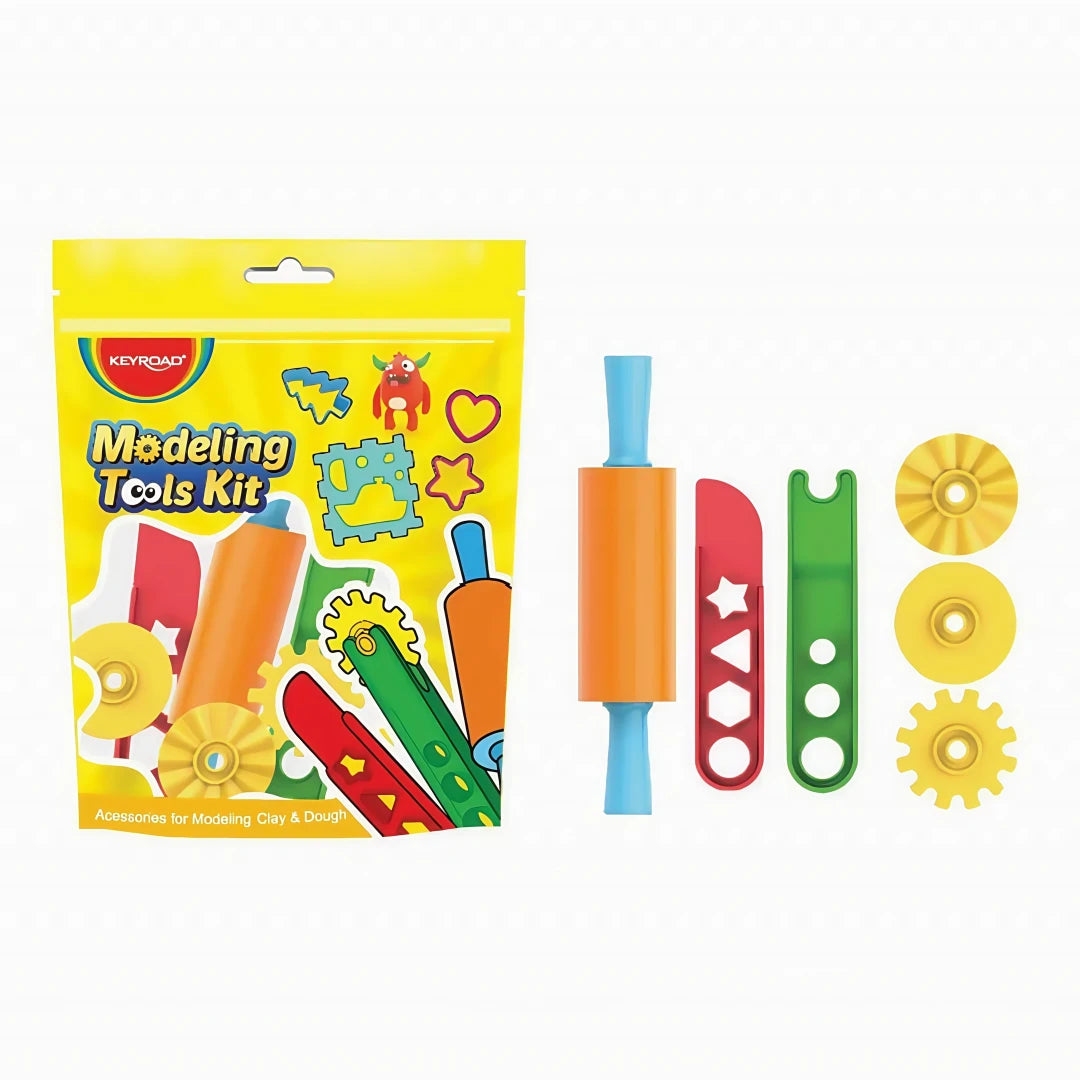 Kit Keyroad de 6 herramientas plásticas para modelar plastilina: rodillo, cuchilla segura y ruedas de corte sobre fondo blanco.