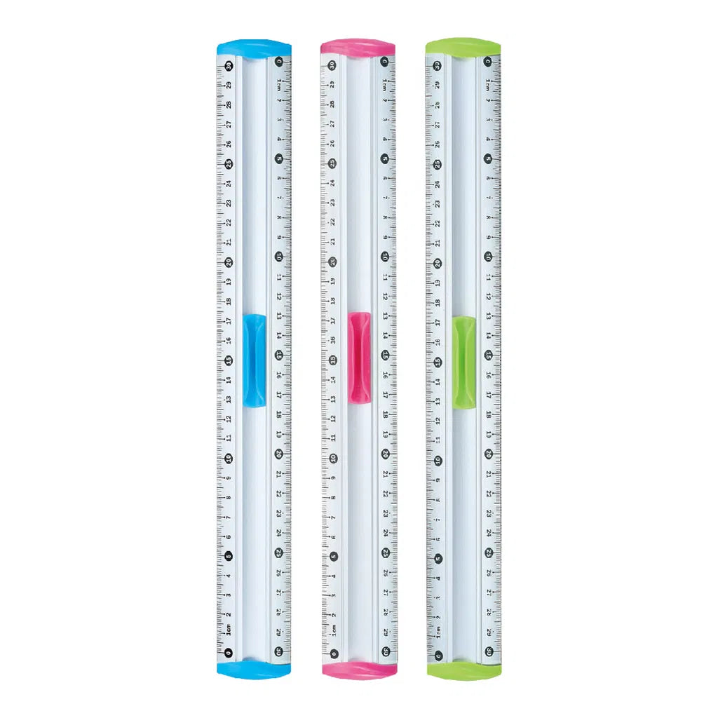 Regla Keyroad KR971313 de aluminio 30 cm con protectores de goma en extremos y clip lateral para sujetar bolígrafo, sobre fondo blanco.