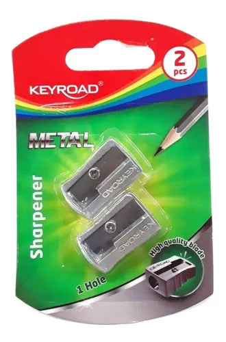 Dos sacapuntas metálicos Keyroad KR‑971681 en blister, orificio único, diseño ergonómico y cuchilla de acero, sobre fondo blanco.