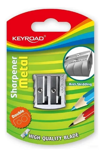 Sacapuntas metálico Keyroad KR‑971683 con dos orificios para lápices estándar y jumbo, diseño ergonómico y compacto sobre fondo blanco.