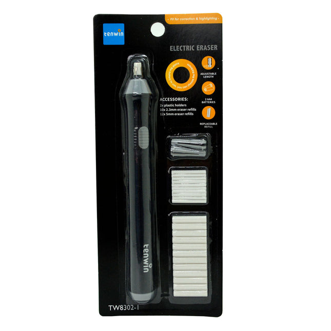 Borrador eléctrico Artisan negro con botón lateral y repuestos cilíndricos junto a él.