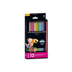 Doce lápices de colores pastel Prismacolor con barril de madera, mina gruesa y tonos suaves alineados en estuche.
