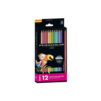 Doce lápices de colores pastel Prismacolor con barril de madera, mina gruesa y tonos suaves alineados en estuche.
