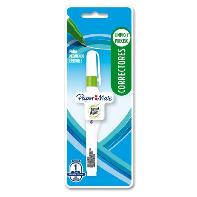 Lápiz corrector Paper Mate Liquid Paper con punta metálica fina y cuerpo blanco, formato pen de 7 ml.

