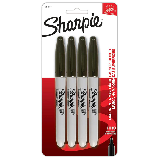 Cuatro marcadores Sharpie negros de punta fina con barril gris y tapas negras, alineados sobre fondo blanco.

