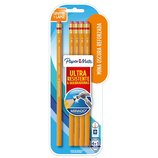 Cinco lápices Paper Mate Mirado HB #2 de cuerpo hexagonal amarillo con borrador sin látex, organizados en línea.


