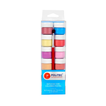 Estuche Acrílico Colores Pastel x12 10 ml + Pincel | Politec