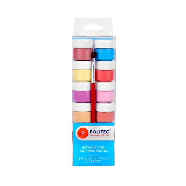 Estuche Acrílico Colores Pastel x12 10 ml + Pincel | Politec