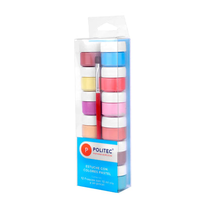Estuche Acrílico Colores Pastel x12 10 ml + Pincel | Politec