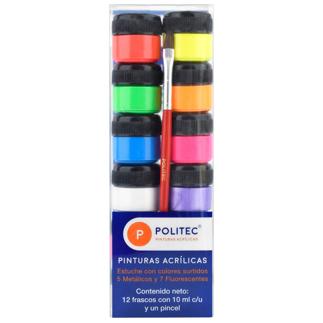 Estuche Acrílico Fluorescentes y Metálicos x12 10 ml + Pincel | Politec