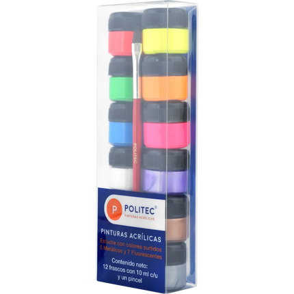 Estuche Acrílico Fluorescentes y Metálicos x12 10 ml + Pincel | Politec