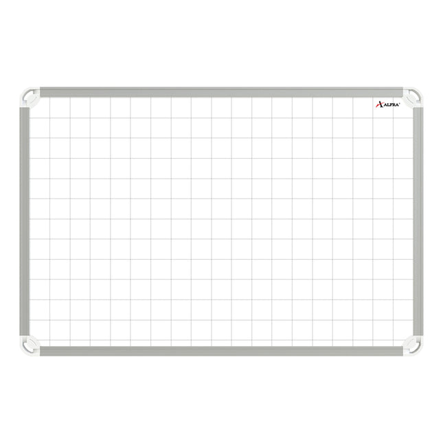 Tablero acrílico Platino Alfra 60×80 cm con cuadrícula metálica, marco rígido, instalación vertical u horizontal y función magnética.