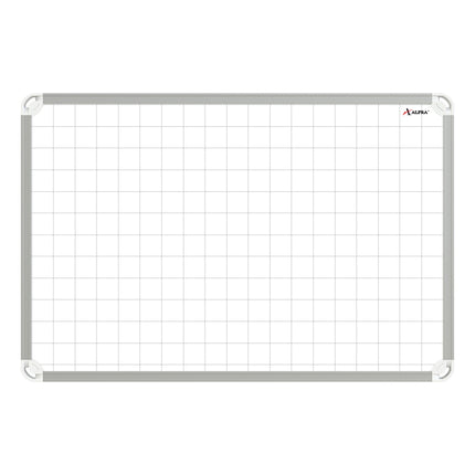 Tablero acrílico blanco Platino Alfra 80×120 cm con marco metálico rígido, superficie cuadriculada magnética y posibilidad de montaje vertical u horizontal.