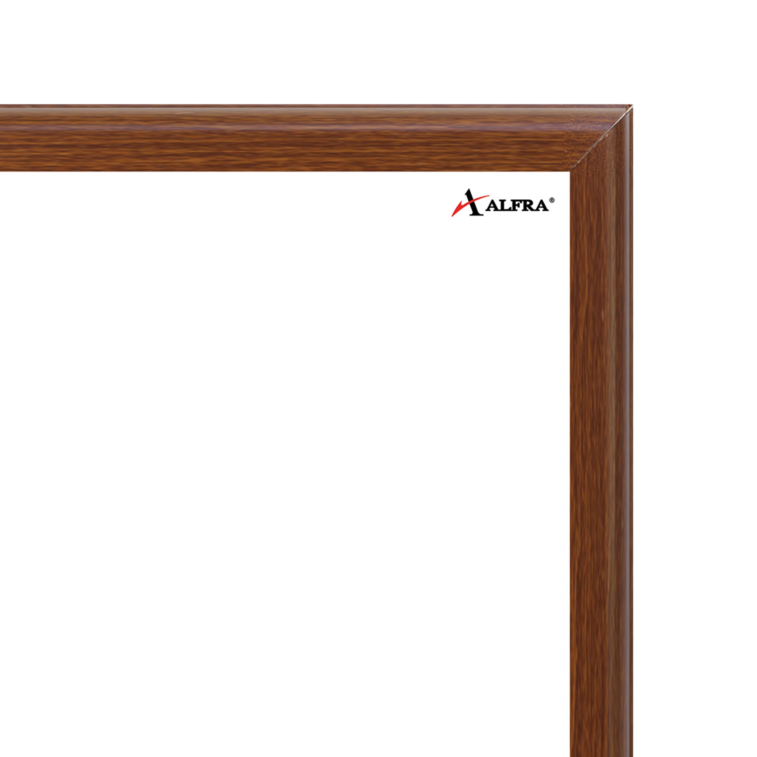 Detalle tablero acrílico blanco Cóndor 80×120 cm con marco de madera caoba, superficie borrable y sistema de montaje discreto.