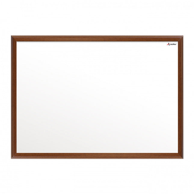 Tablero acrílico blanco Cóndor 80×120 cm con marco de madera caoba, superficie borrable y sistema de montaje discreto.