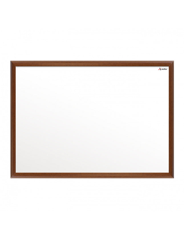 Tablero acrílico blanco Cóndor 80×120 cm con marco de madera caoba, superficie borrable y sistema de montaje discreto.