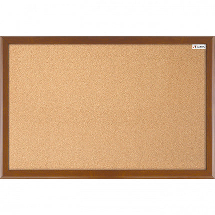 Tablero de corcho natural 40×60 cm con marco de madera color cognac, compacto, sobre fondo blanco.