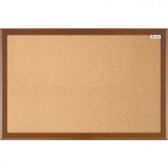 Tablero de corcho natural 40×60 cm con marco de madera color cognac, compacto, sobre fondo blanco.