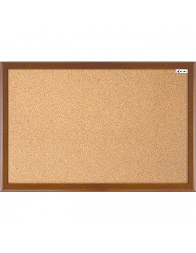 Tablero de corcho natural 40×60 cm con marco de madera color cognac, compacto, sobre fondo blanco.