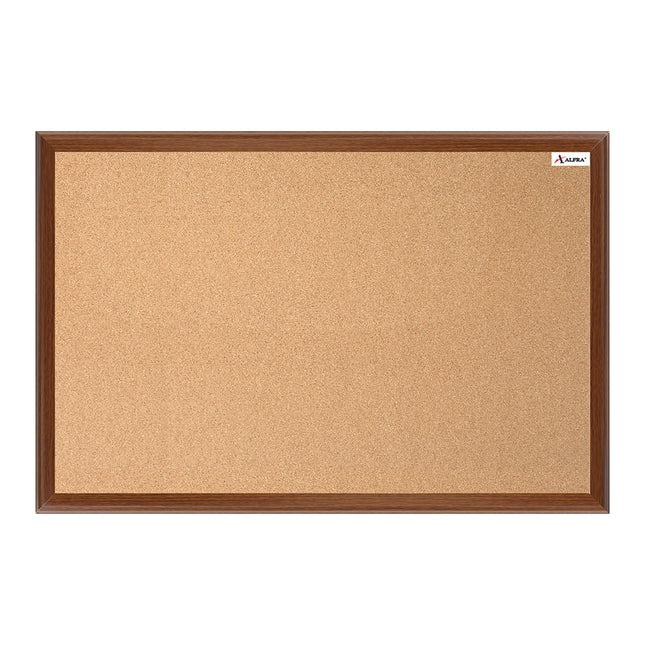 Tablero de corcho 80×120 cm con marco de madera color cognac, tamaño grande, ideal para oficina o salón de clase.
