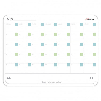 Tablero acrílico planeador Alfra 30×40 cm con calendario mensual de 35 divisiones, superficie para marcadores de borrado en seco, fondo blanco.