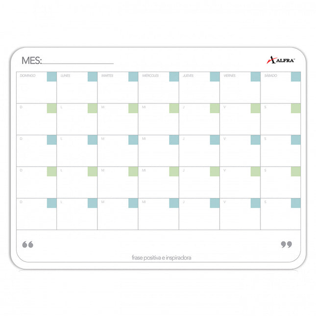 Tablero acrílico planeador Alfra 30×40 cm con calendario mensual de 35 divisiones, superficie para marcadores de borrado en seco, fondo blanco.