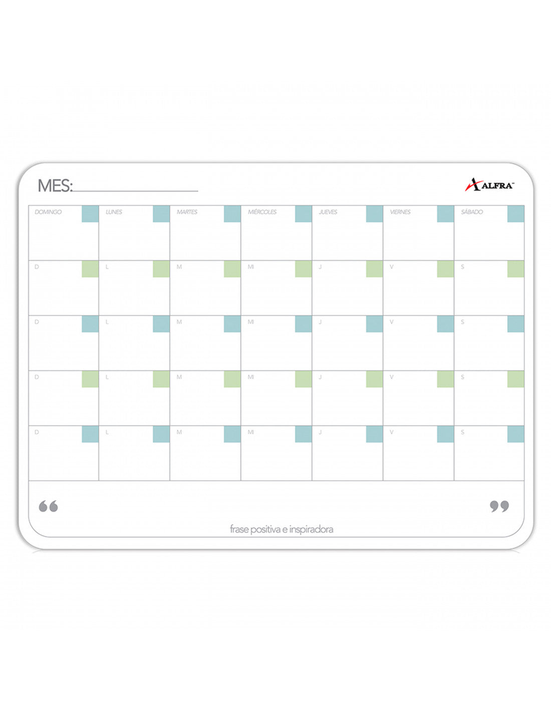 Tablero acrílico planeador Alfra 30×40 cm con calendario mensual de 35 divisiones, superficie para marcadores de borrado en seco, fondo blanco.
