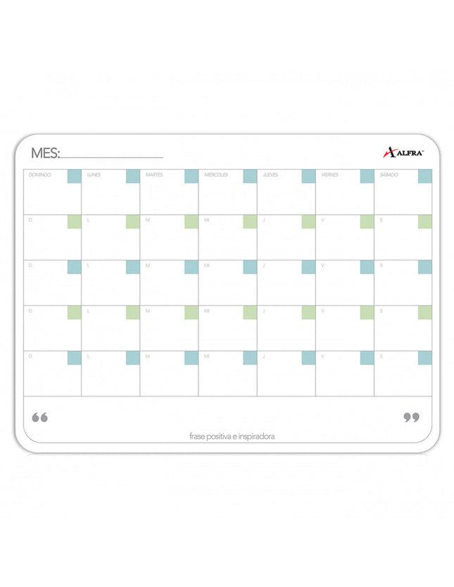 Tablero acrílico planeador Alfra 30×40 cm con calendario mensual de 35 divisiones, superficie para marcadores de borrado en seco, fondo blanco.