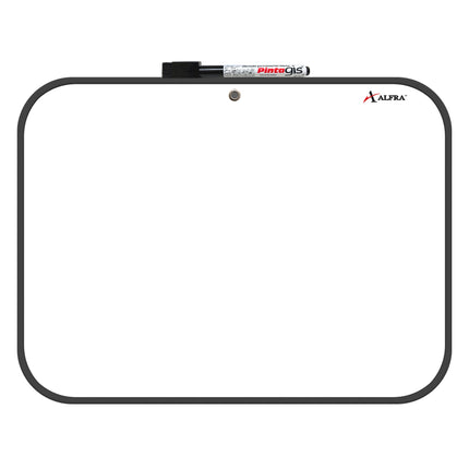 Tablero acrílico blanco Alfra 30×40 cm con marco de vinilo gris, superficie para marcadores borrables y orificio para colgar.