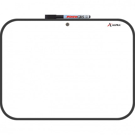 Tablero acrílico blanco Alfra 30×40 cm con marco de vinilo gris, superficie para marcadores borrables y orificio para colgar.