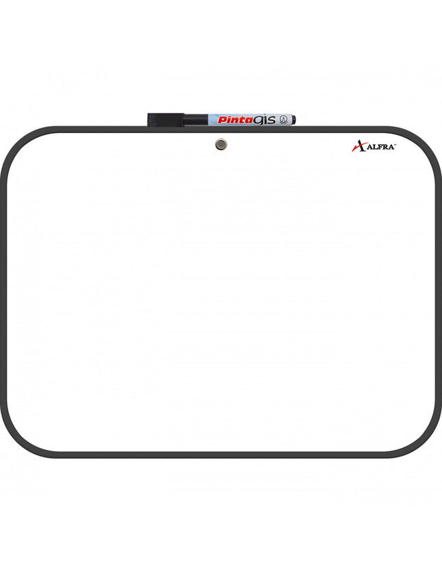 Tablero acrílico blanco Alfra 30×40 cm con marco de vinilo gris, superficie para marcadores borrables y orificio para colgar.