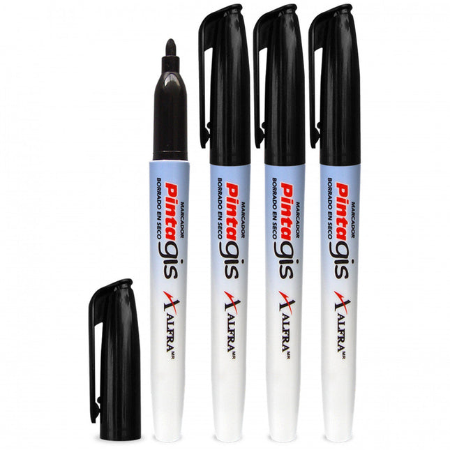 Cuatro marcadores Pintagis Delgado Negro de Alfra, punta mediana, aptos para pizarra blanca y borrado en seco.
