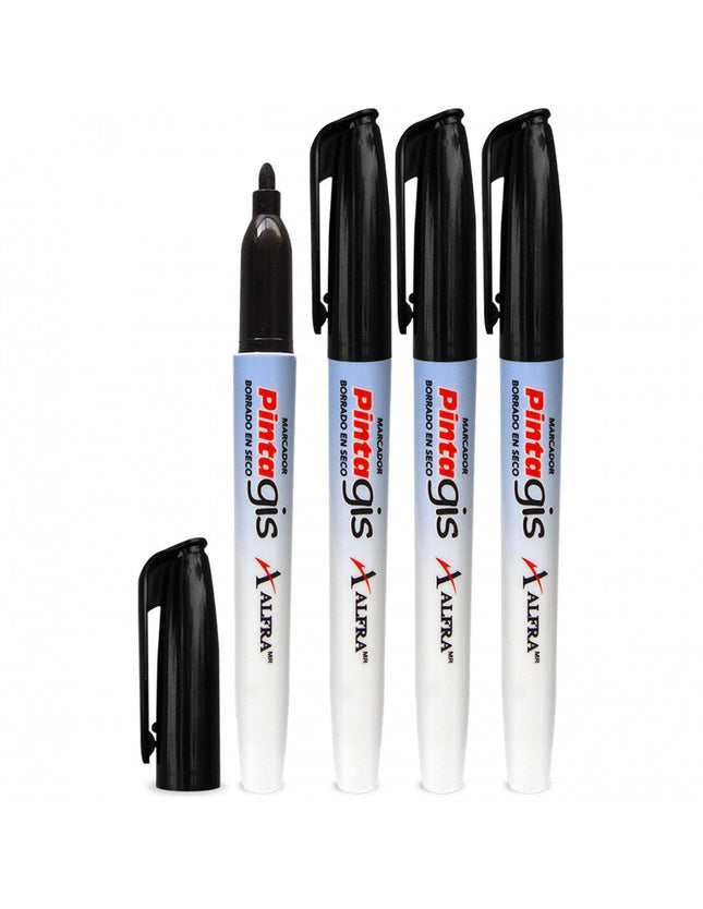 Cuatro marcadores Pintagis Delgado Negro de Alfra, punta mediana, aptos para pizarra blanca y borrado en seco.