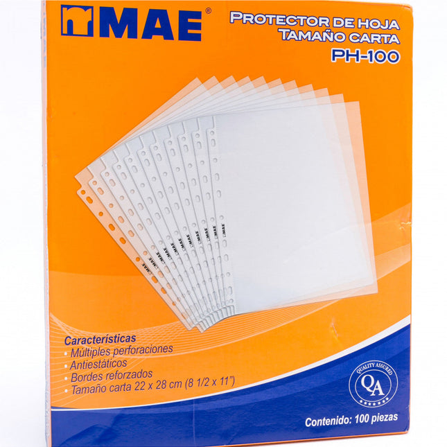 Paquete de 100 bolsillos transparentes Mae para documentos tamaño carta, en caja organizadora, vinilo claro.