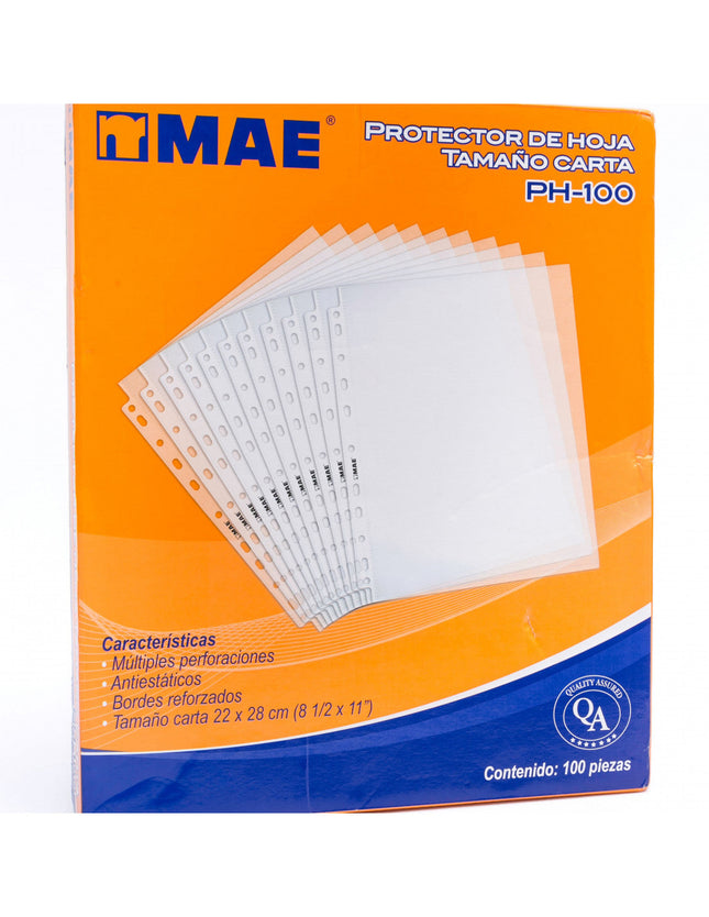 Paquete de 100 bolsillos transparentes Mae para documentos tamaño carta, en caja organizadora, vinilo claro.