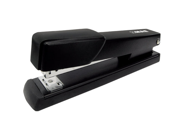 Engrapadora metálica Mae EMT‑10 de tira completa con base de goma y recolector de grapas, sobre fondo blanco.